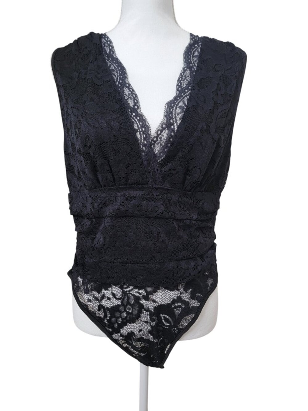 SHEIN Size XL Black Balvessa Sleeveless Bodysuit with Lace & Ruffle Details